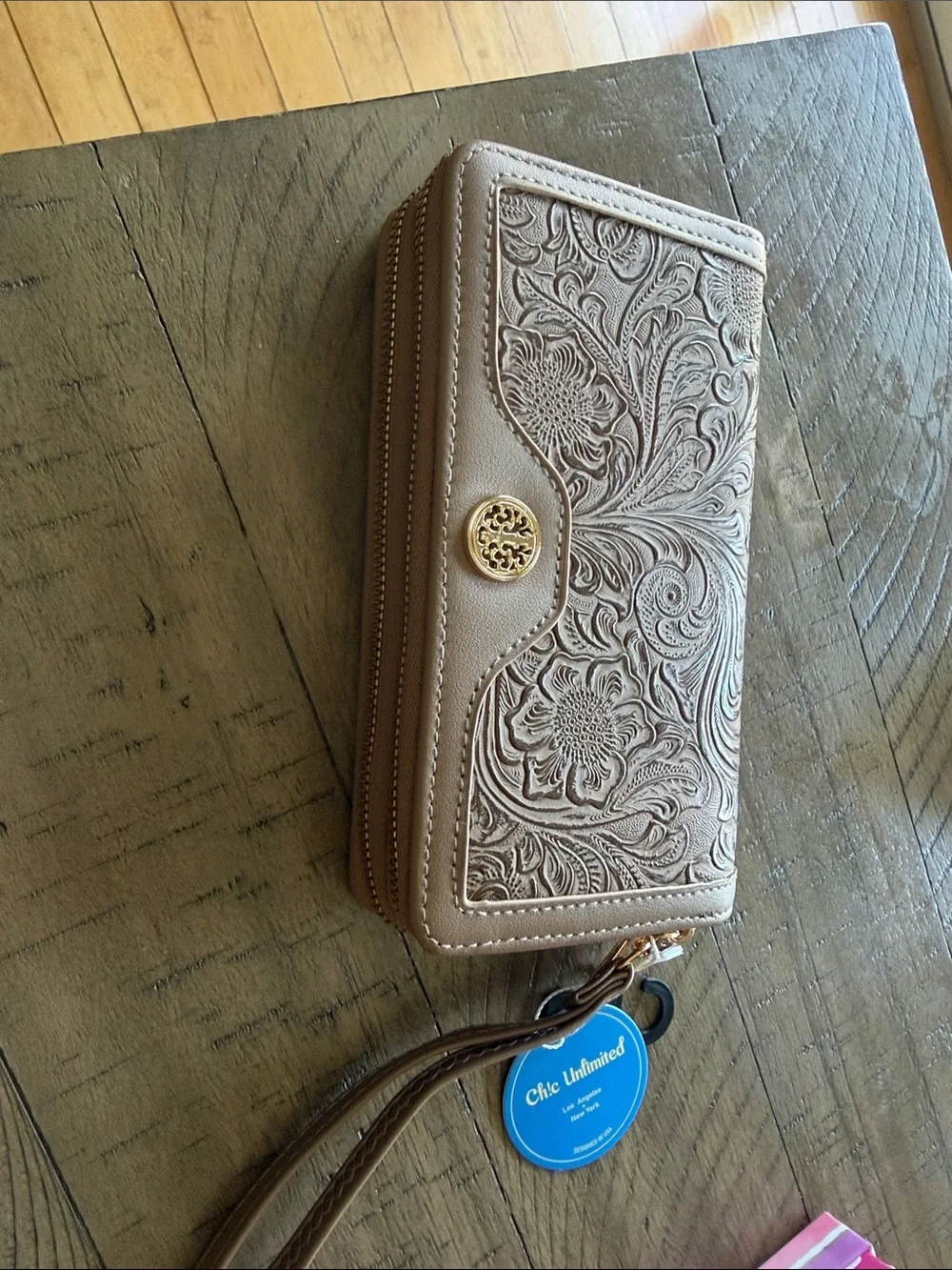 Women's Embossed Floral Zip Wallet Wristlet - Taupe